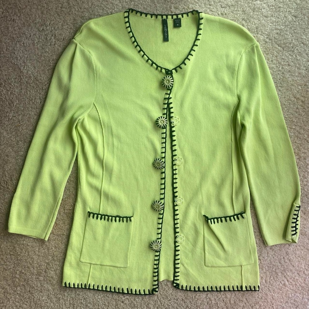 Venini M Cardigan Sweater Lime Green Black Crotchet Knit Preppy Retro Cardigan